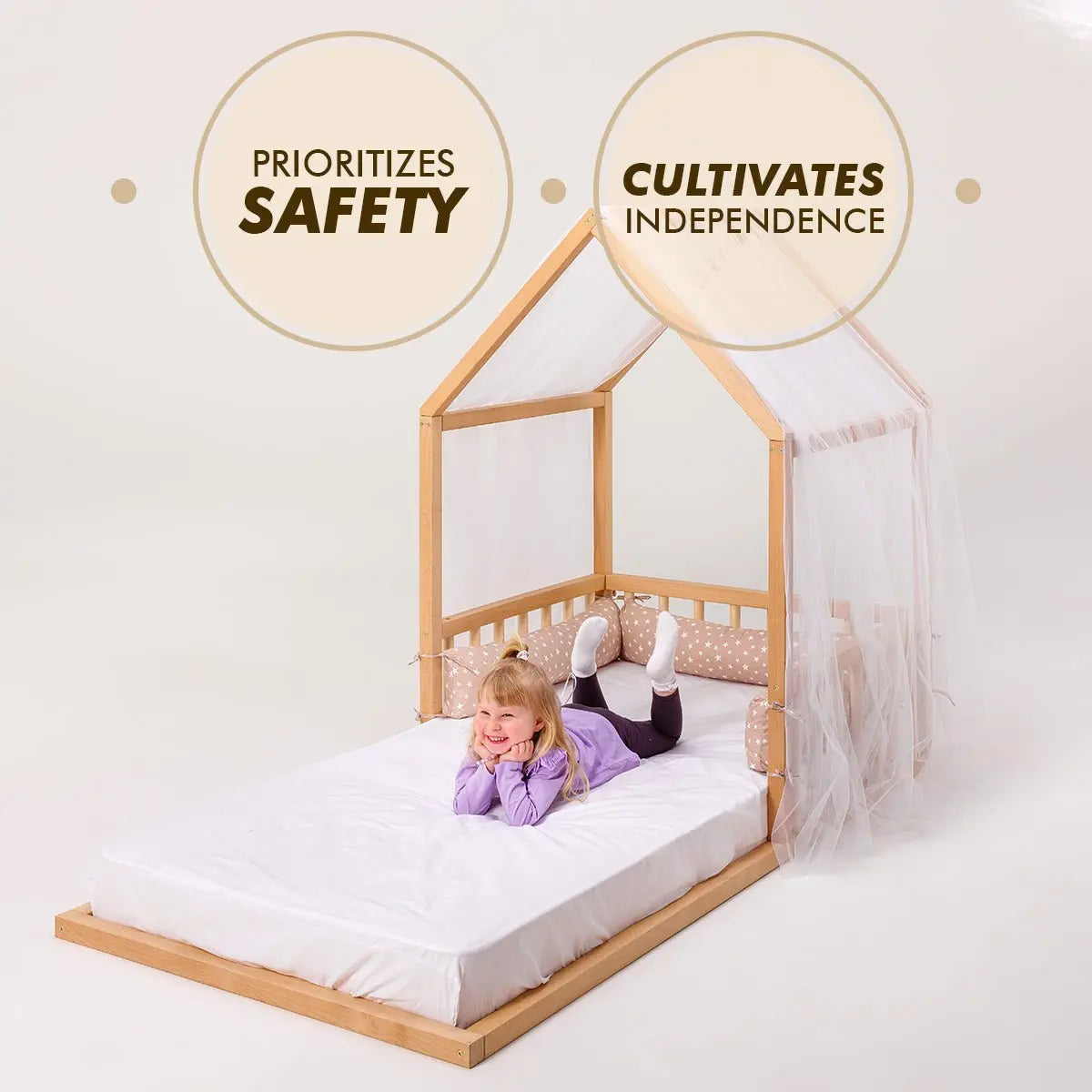 Small Wooden Montessori House Floor Bed with Fence and Roof Goodevas Everetts Place: Online Boutique