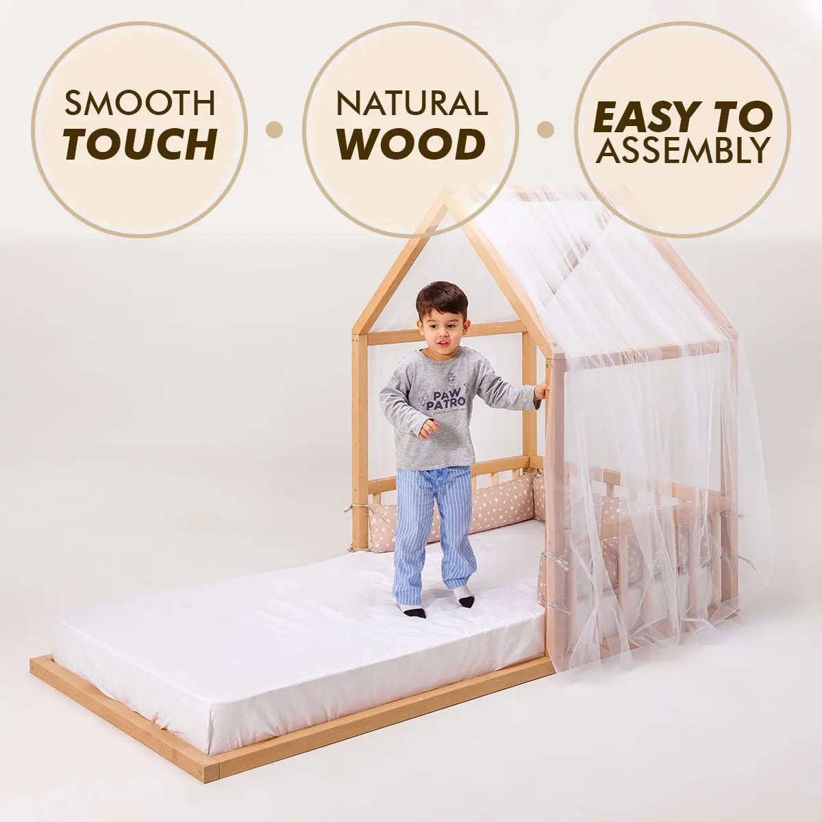 Small Wooden Montessori House Floor Bed with Fence and Roof Goodevas Everetts Place: Online Boutique