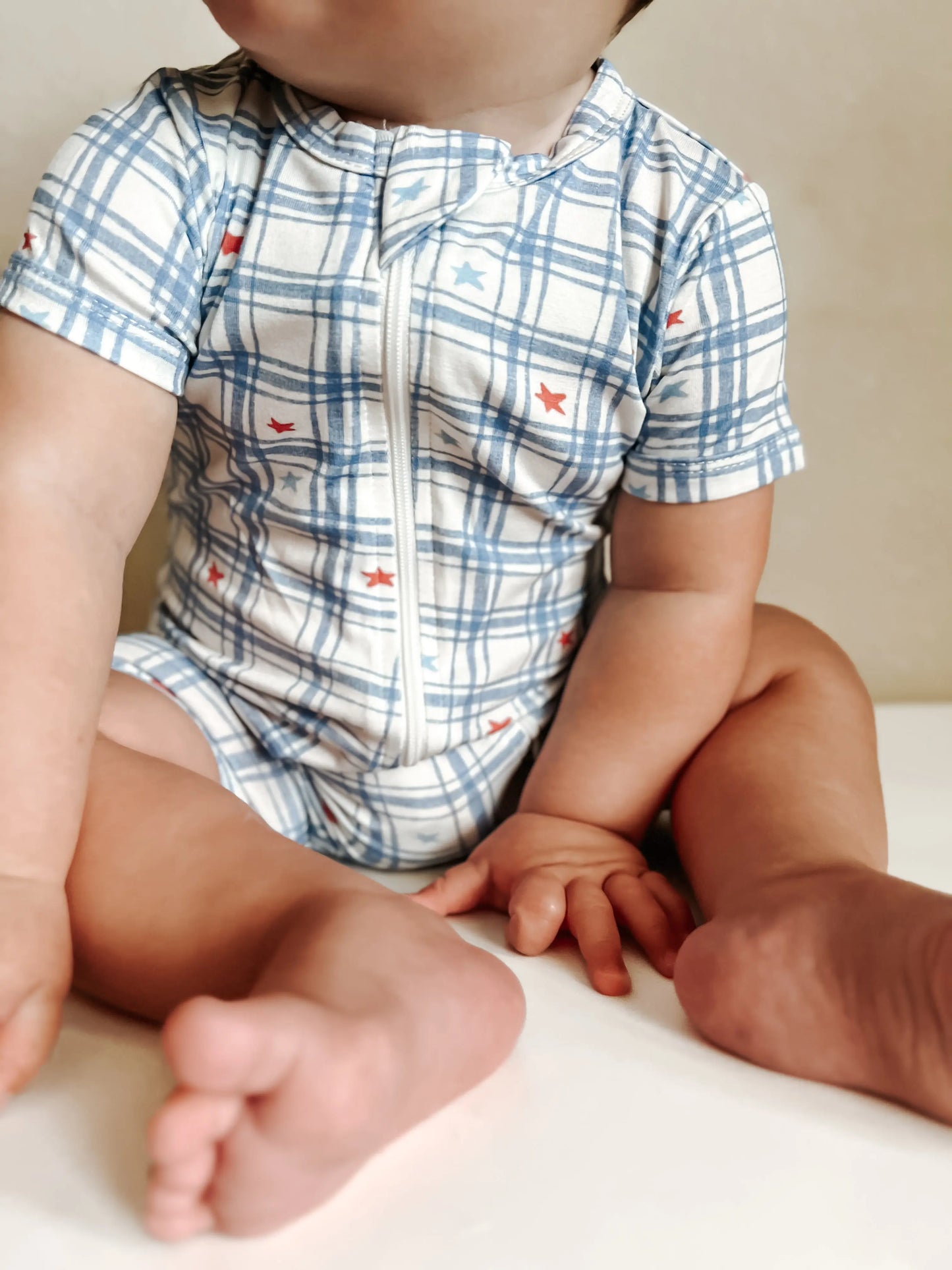 Stars Gingham Bamboo Shorty Romper Little Joy Co. Everetts Place: Online Boutique