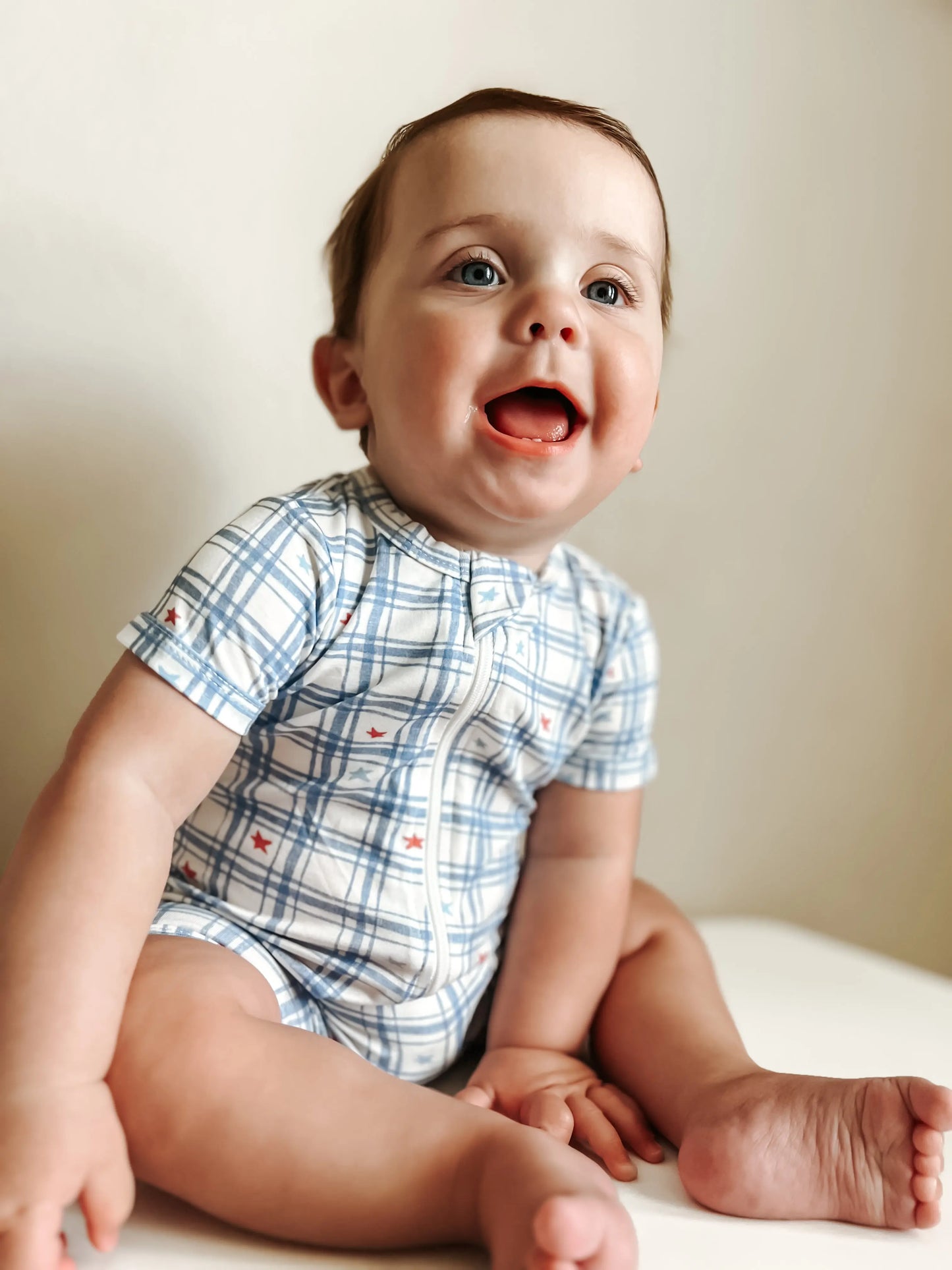 Stars Gingham Bamboo Shorty Romper Little Joy Co. Everetts Place: Online Boutique