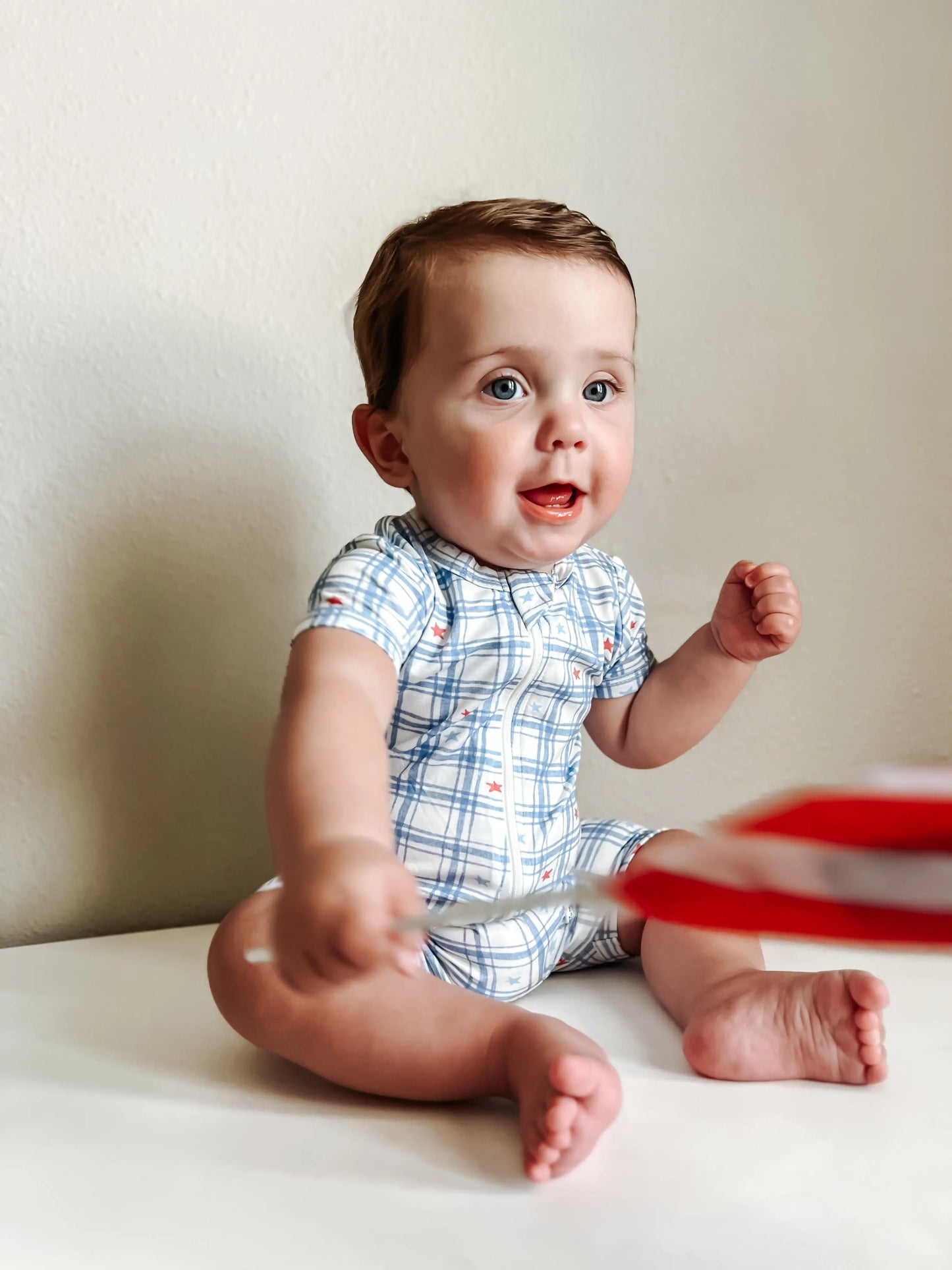 Stars Gingham Bamboo Shorty Romper Little Joy Co. Everetts Place: Online Boutique