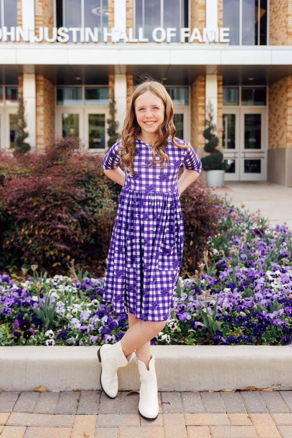 TCU Plaid Frog Twirl Dress With Pocket Three Quarter Sleeve Mila & Rose ® Everetts Place: Online Boutique