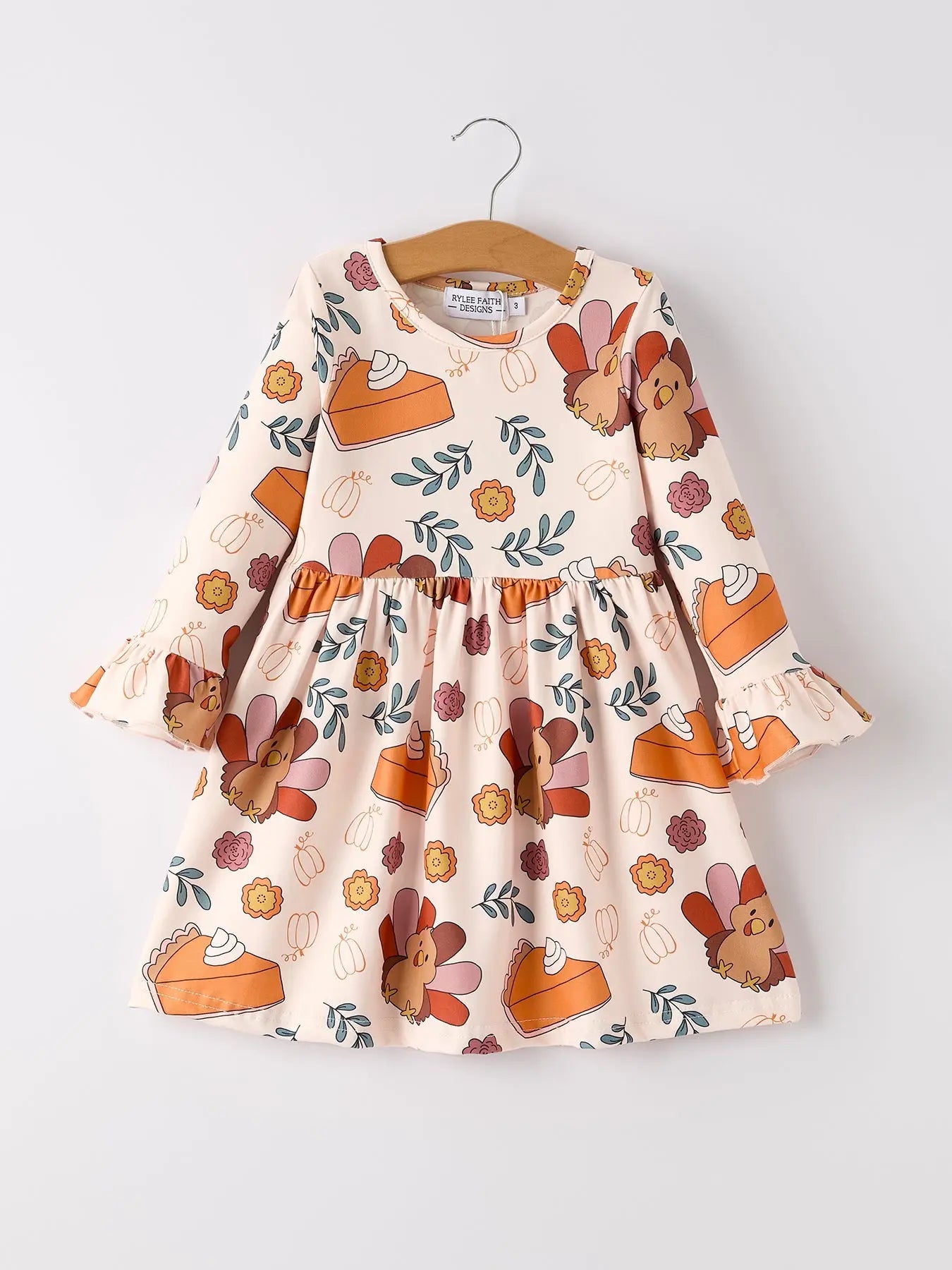 Thanksgiving Cute Turkey And Pie Print Design Girls Dress Rylee Faith Designs