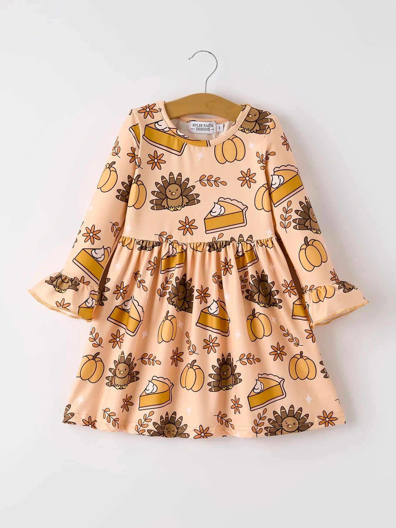 Thanksgiving Day Turkey Pie Print Ruffle Sleeve Dress for Kids Rylee Faith Designs Everetts Place: Online Boutique