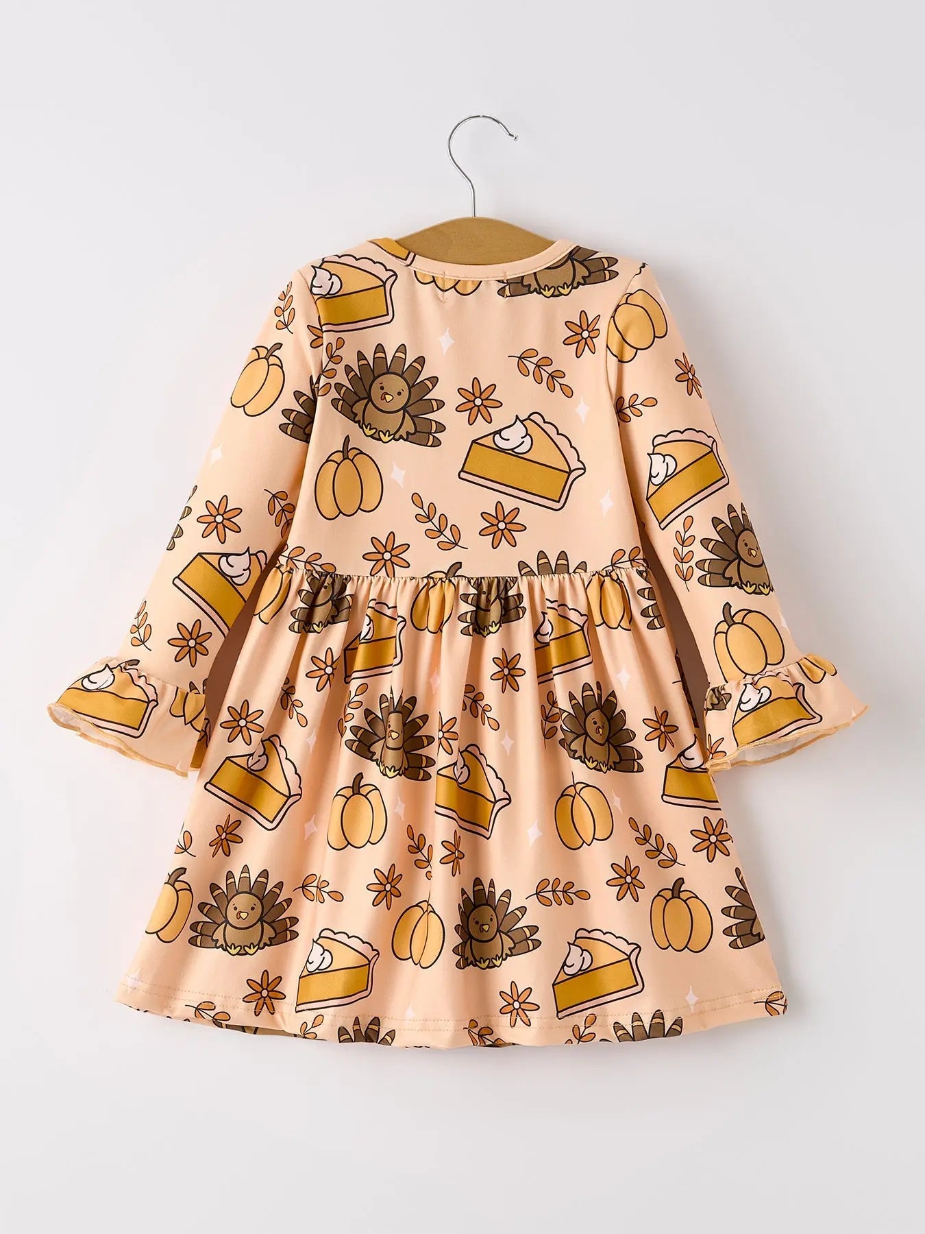 Thanksgiving Day Turkey Pie Print Ruffle Sleeve Dress for Kids Rylee Faith Designs Everetts Place: Online Boutique