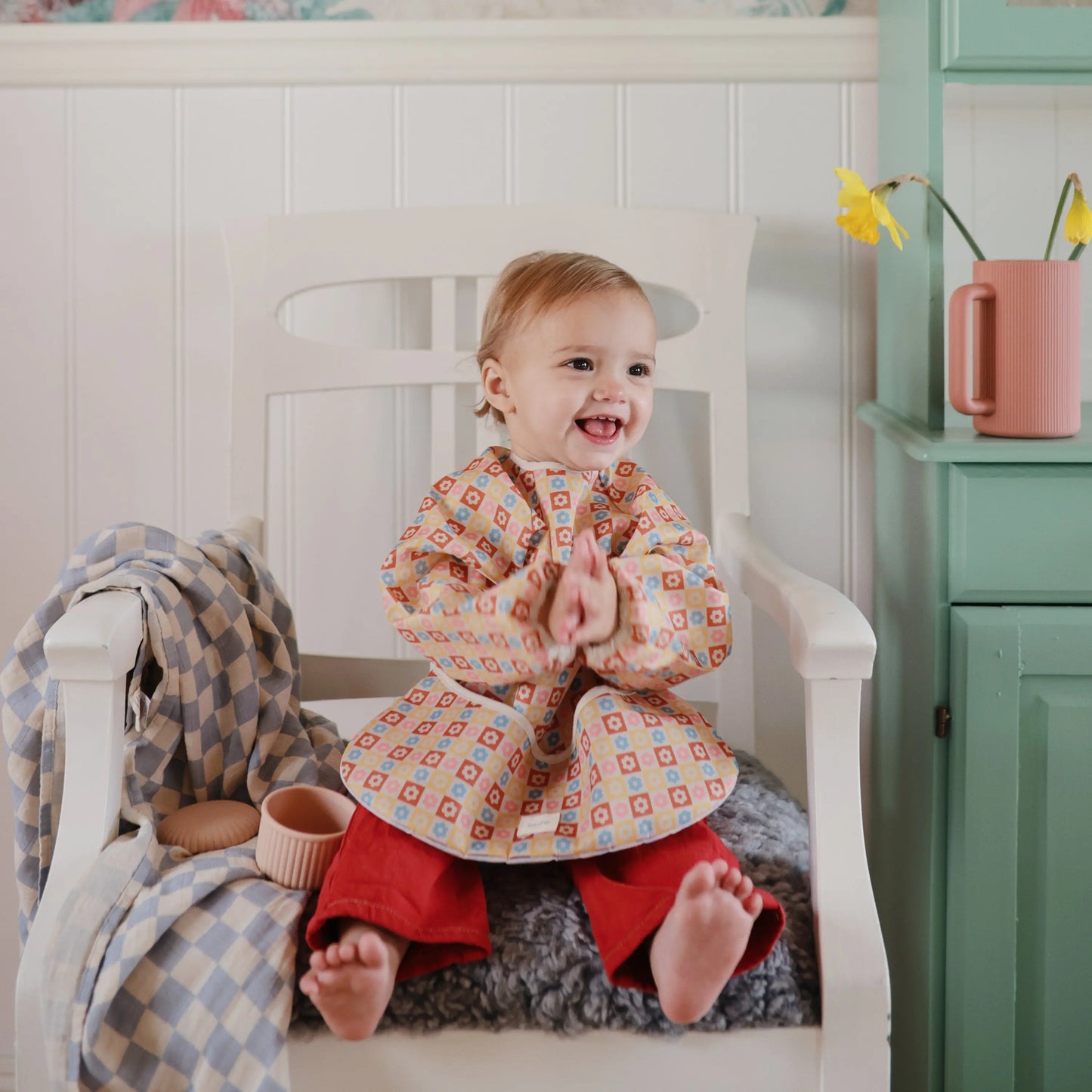 Water Resistant Long Sleeve Bib for Kids with Wide Pocket and Velcro Closure Mushie Everetts Place: Online Boutique