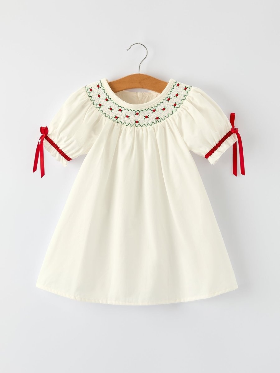 White Christmas Girls Dress With Delicate Embroidery Red Bow Rylee Faith Designs Everetts Place: Online Boutique
