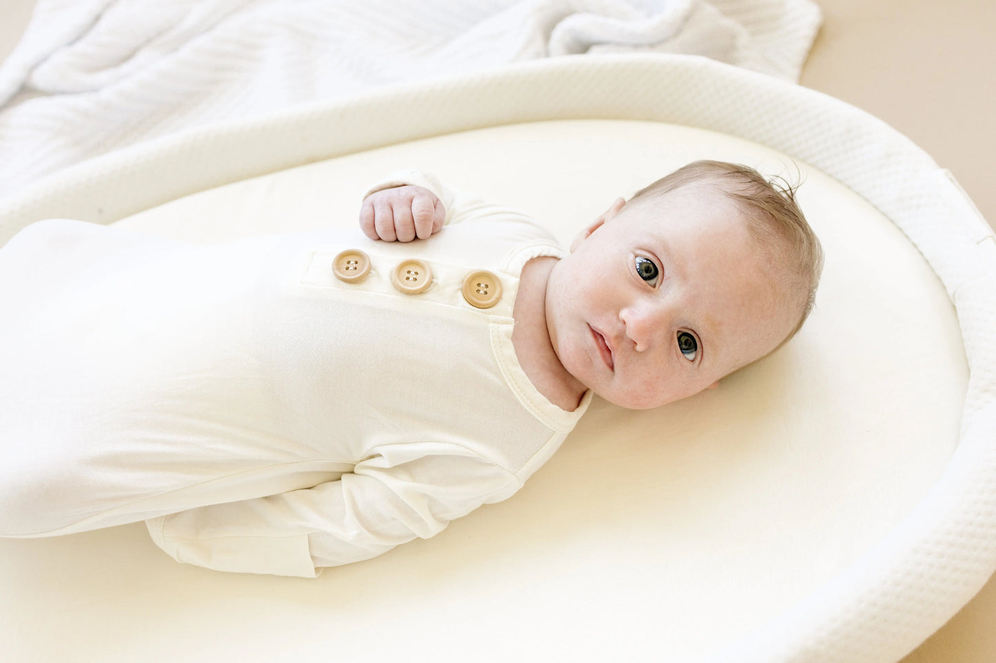 White Newborn Bamboo Gown Ultra Soft With Button Accent Little Joy Co. Everetts Place: Online Boutique
