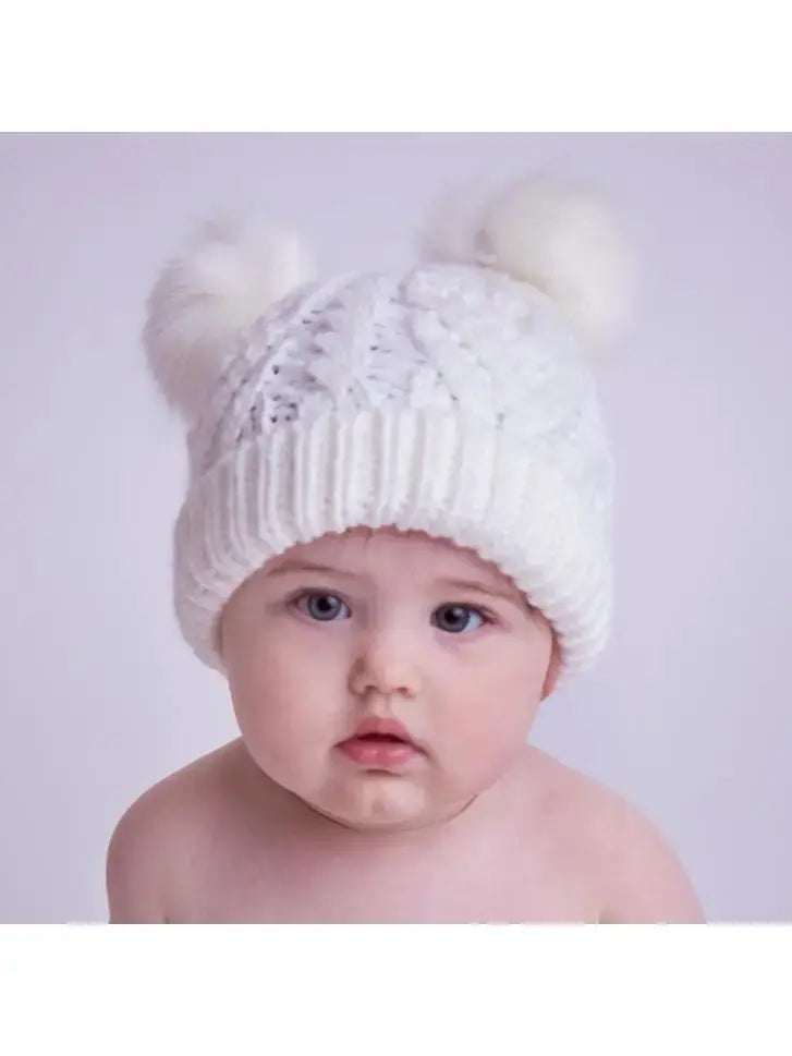 White Pom Beanie Cable Knit Hat with Furry Pom Poms Kolorful Everetts Place: Online Boutique 24.00