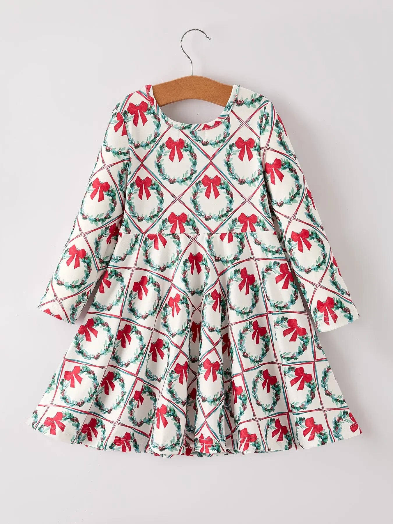 Winter Christmas Wreath and Bow Print Girls Dress Rylee Faith Designs Everetts Place: Online Boutique