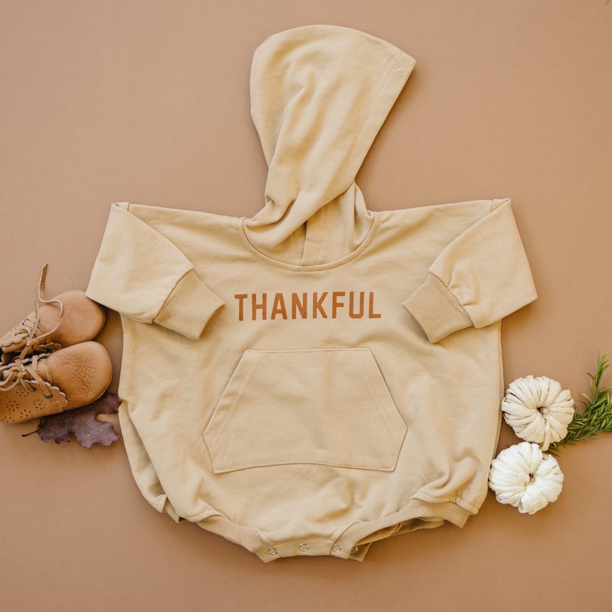 Little Joy Co. Thankful Hooded Sweatshirt Romper - Camel - Everetts Place Boutique -