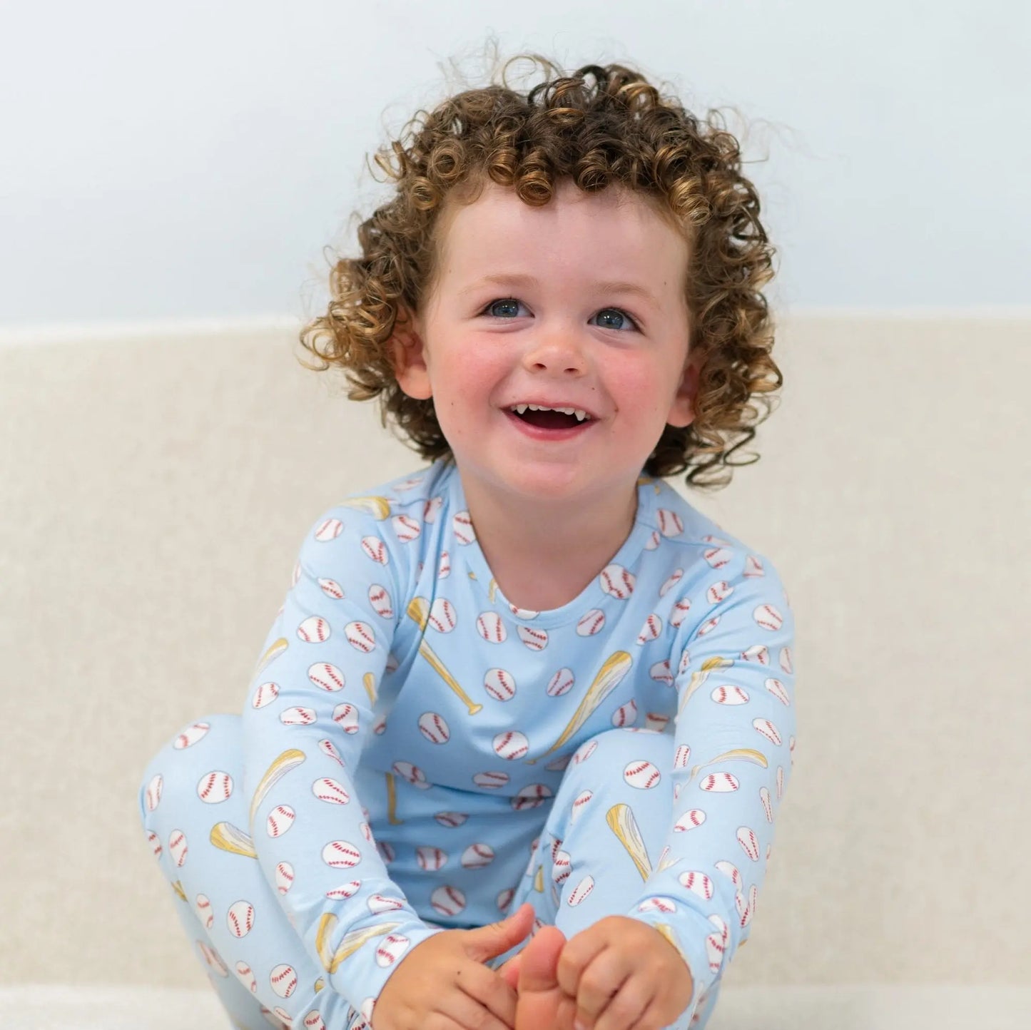 Classic Baseball 2 Piece Pajama Set for Kids with Long Sleeve Top and Cuffed Legs Sweet Bamboo