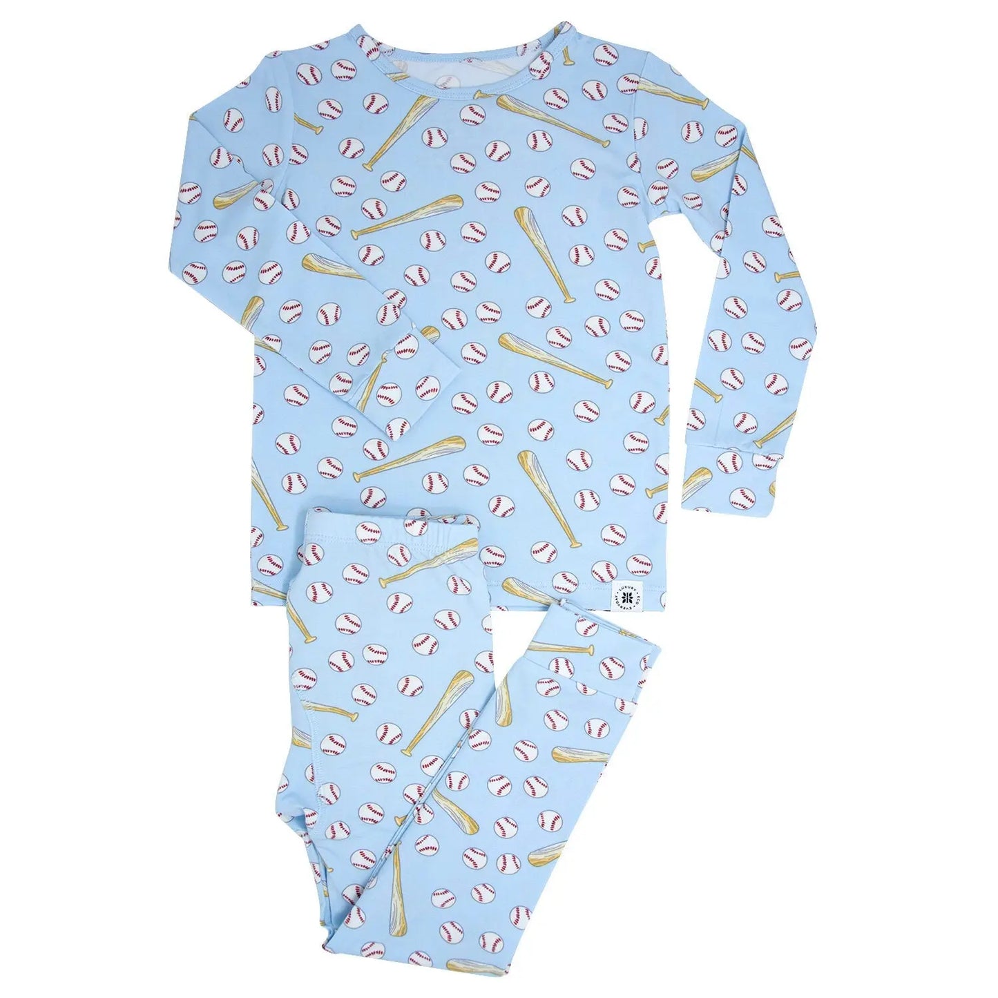 Classic Baseball 2 Piece Pajama Set for Kids with Long Sleeve Top and Cuffed Legs Sweet Bamboo
