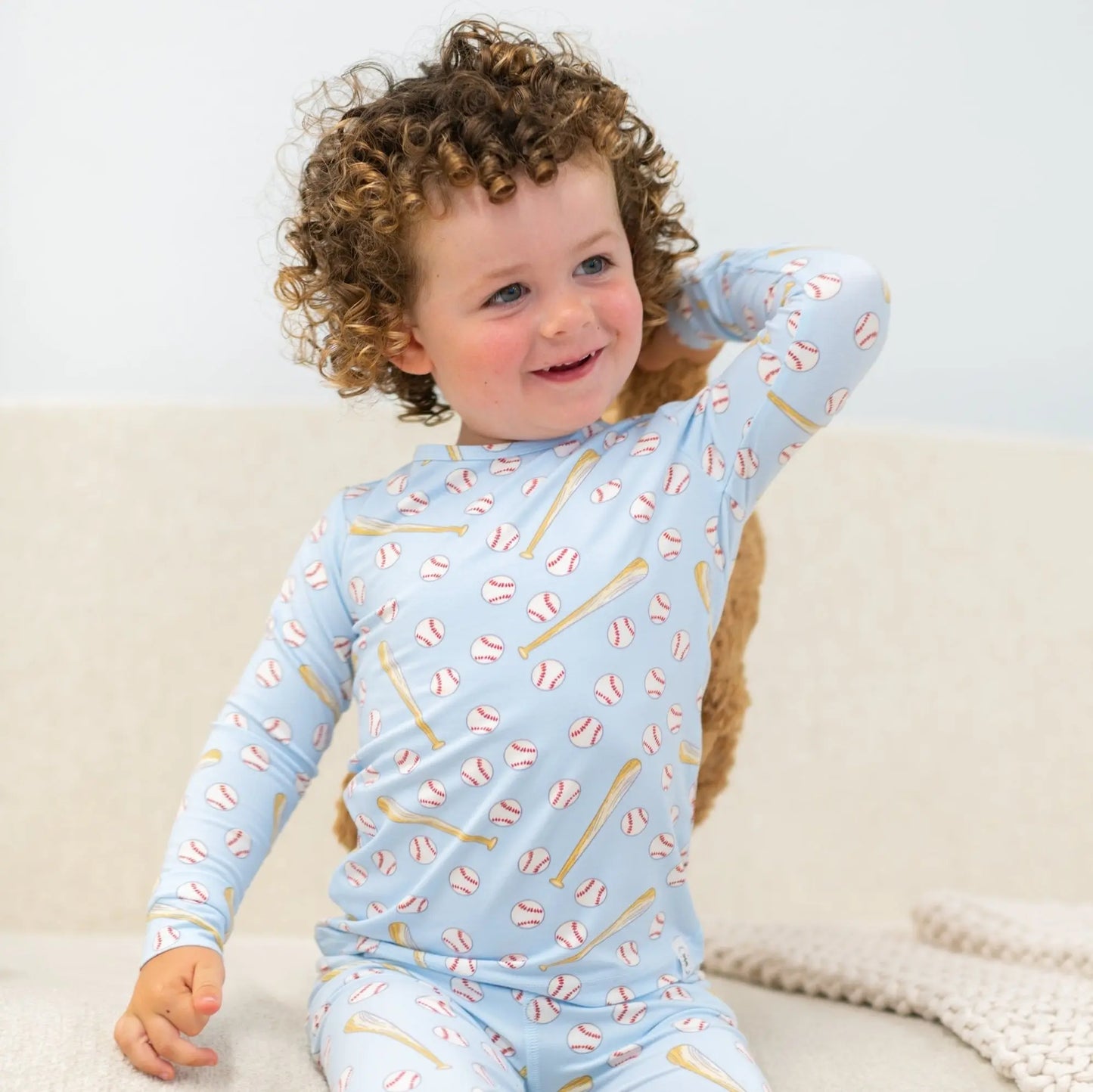 Classic Baseball 2 Piece Pajama Set for Kids with Long Sleeve Top and Cuffed Legs Sweet Bamboo
