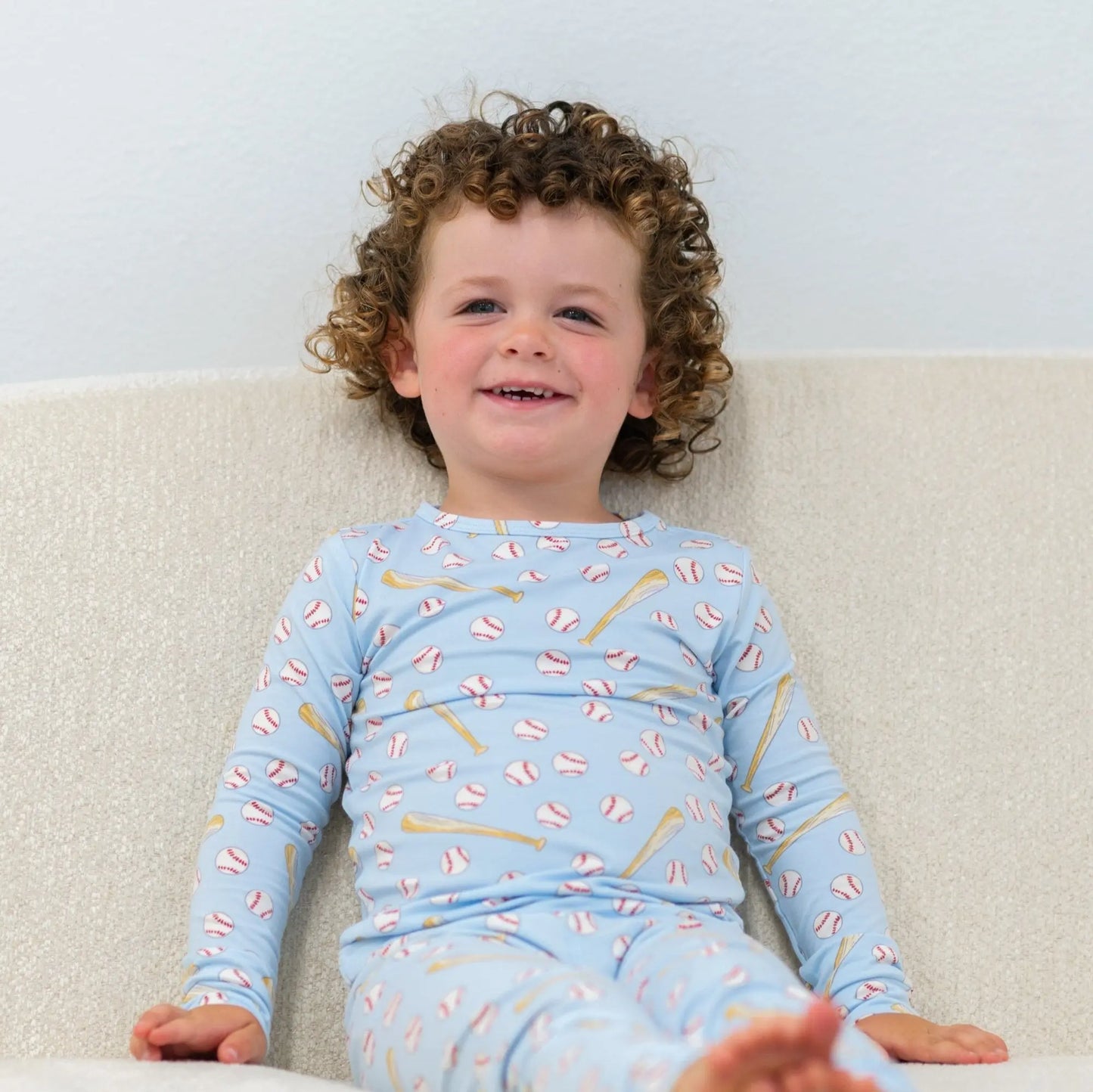 Classic Baseball 2 Piece Pajama Set for Kids with Long Sleeve Top and Cuffed Legs Sweet Bamboo