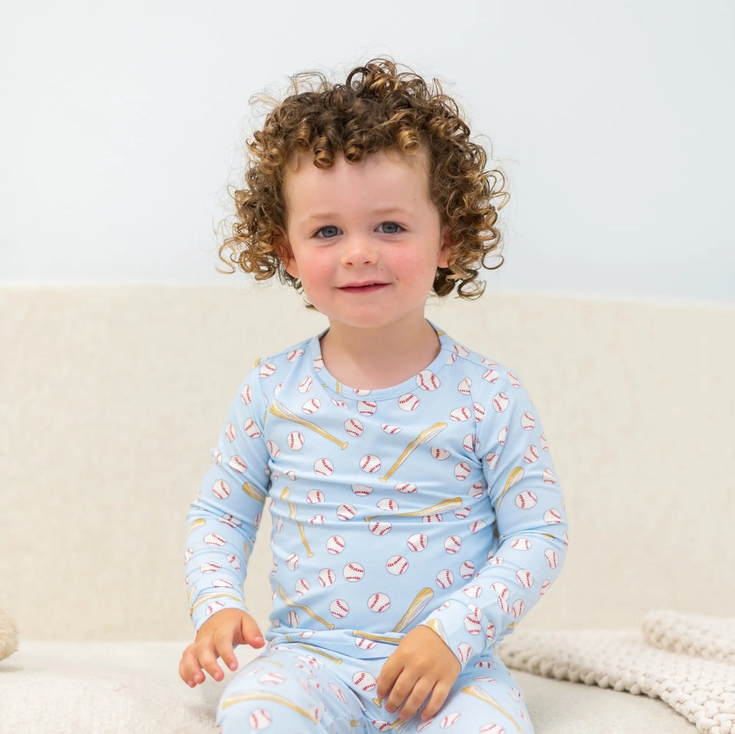 Classic Baseball 2 Piece Pajama Set for Kids with Long Sleeve Top and Cuffed Legs Sweet Bamboo