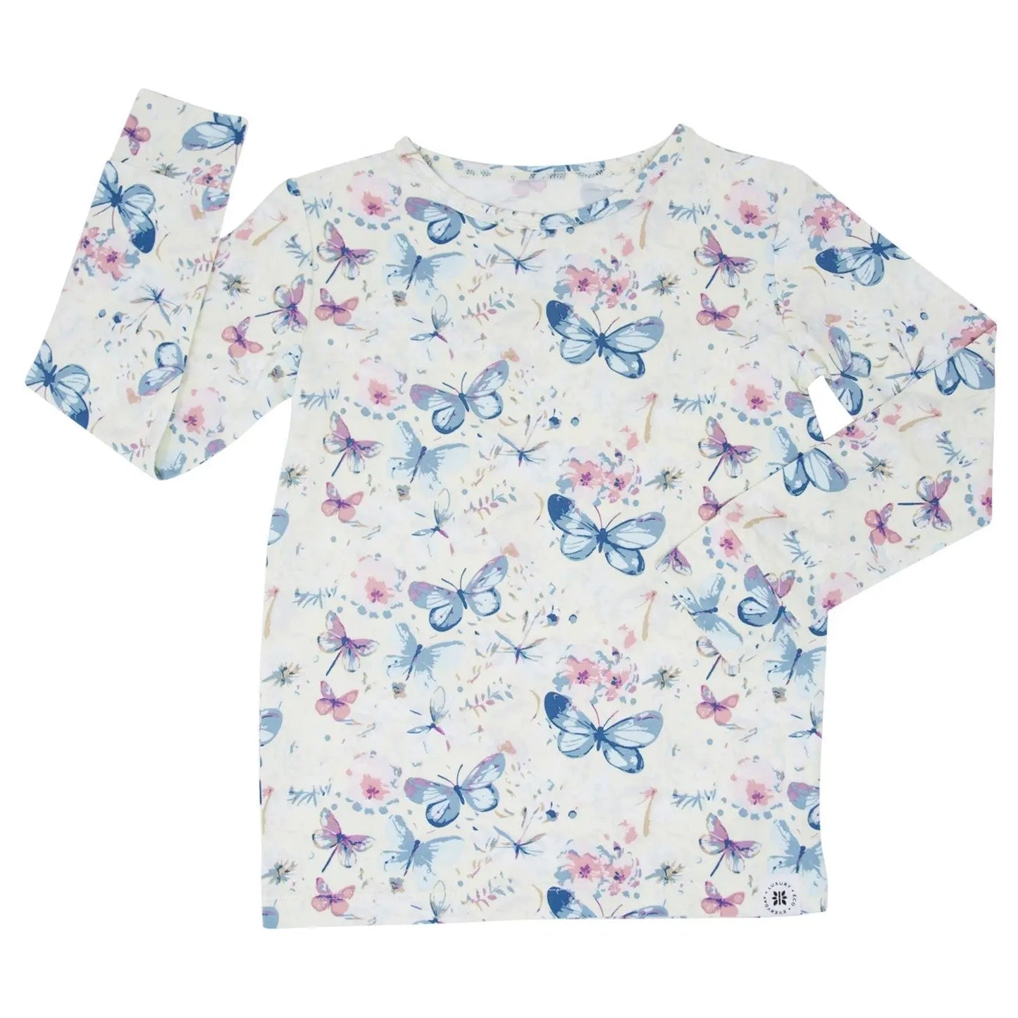 Watercolor Butterfly Kids Pajama Set Comfortable Long Sleeve Top and Cuffed Pants Sweet Bamboo