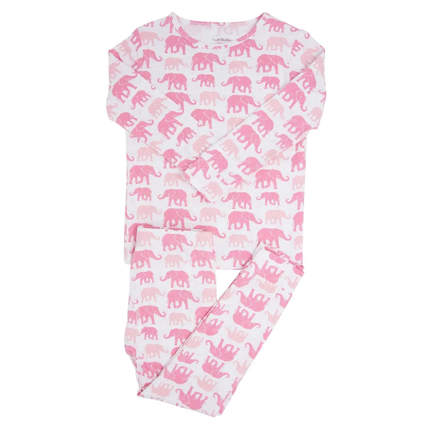Pink Elephant 2 Piece Pajama Set for Kids Comfortable Long Sleeve Top and Cuffed Pants Sweet Bamboo