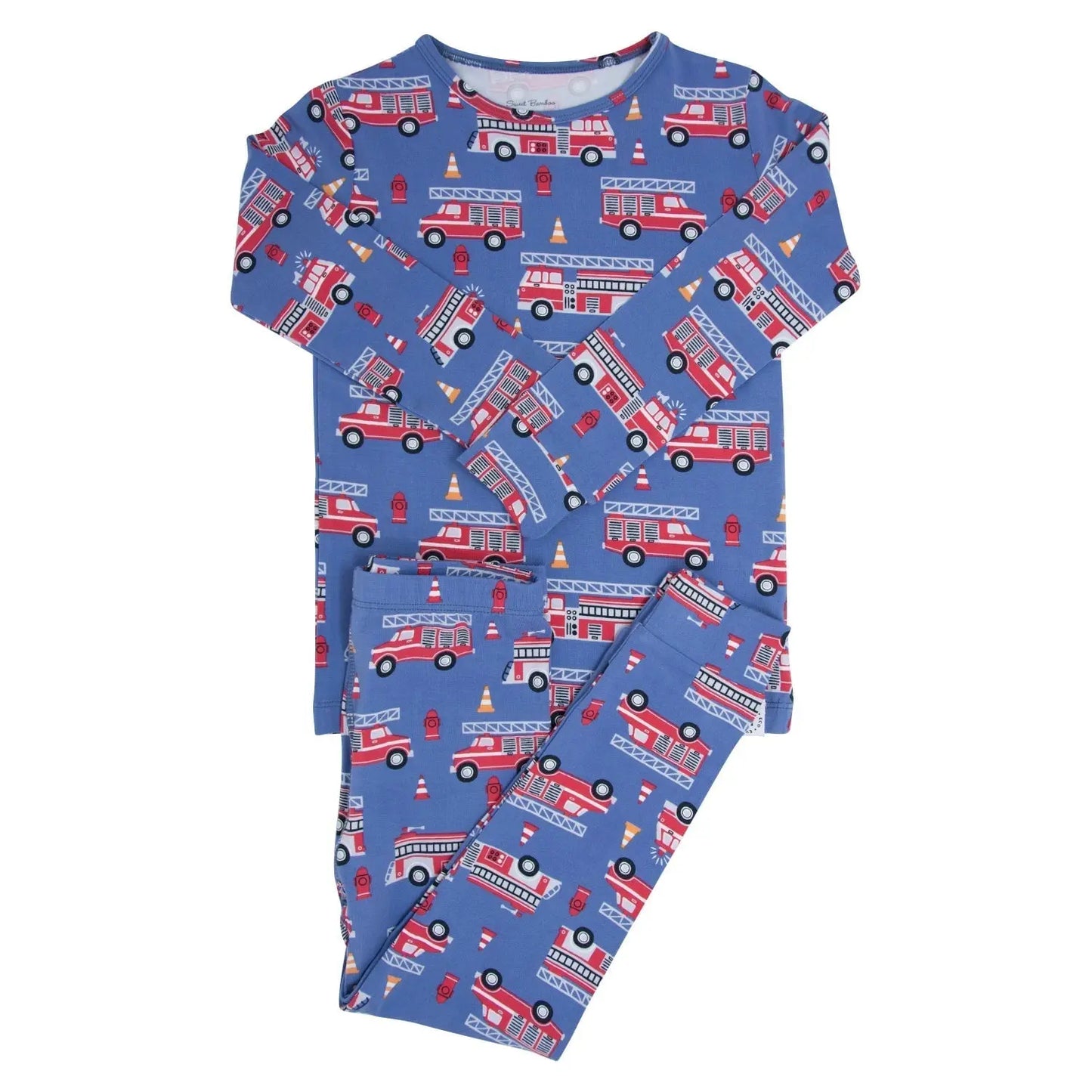 Blue Fire Truck Big Kid Pajama Comfortable Long Sleeve Top and Long Pant Set Sweet Bamboo