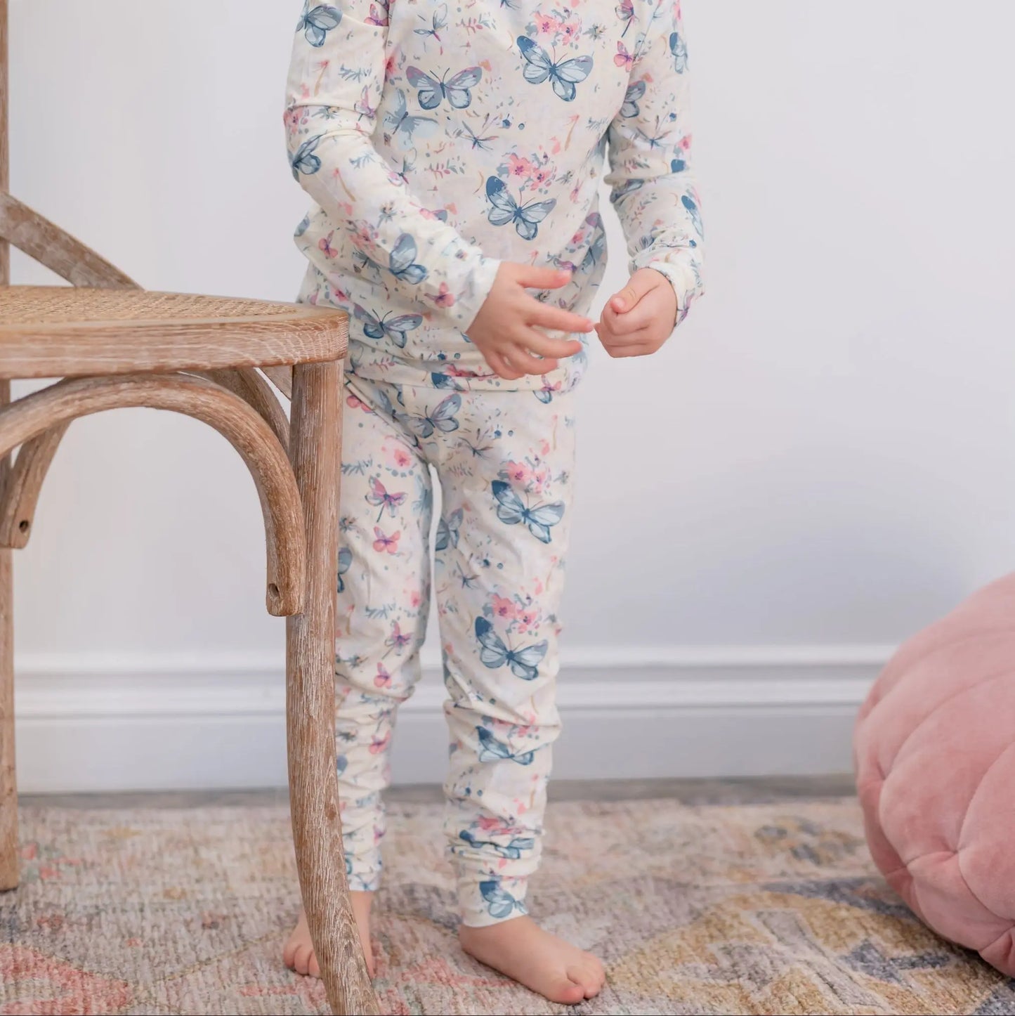 Watercolor Butterfly Kids Pajama Set Comfortable Long Sleeve Top and Cuffed Pants Sweet Bamboo