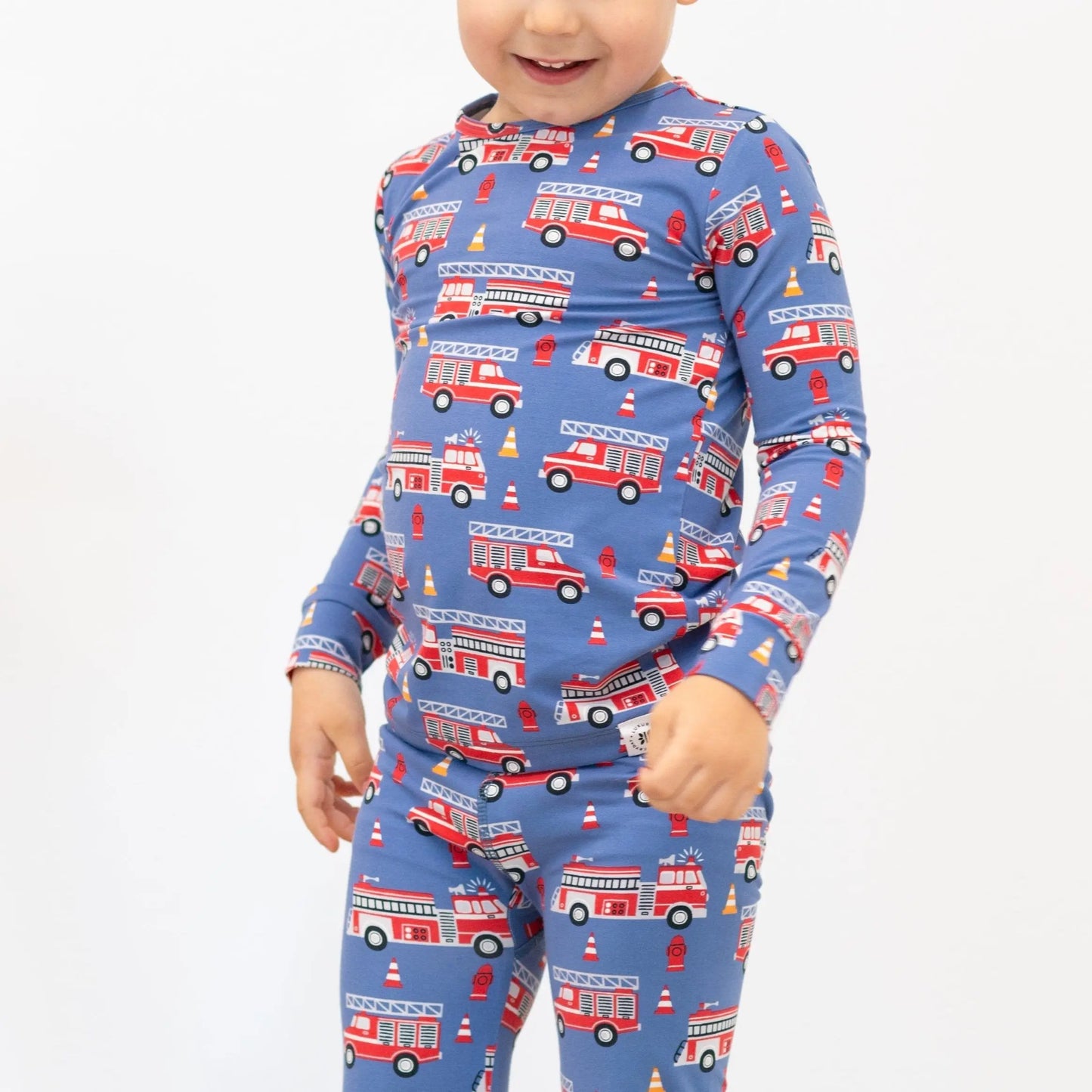 Blue Fire Truck Big Kid Pajama Comfortable Long Sleeve Top and Long Pant Set Sweet Bamboo
