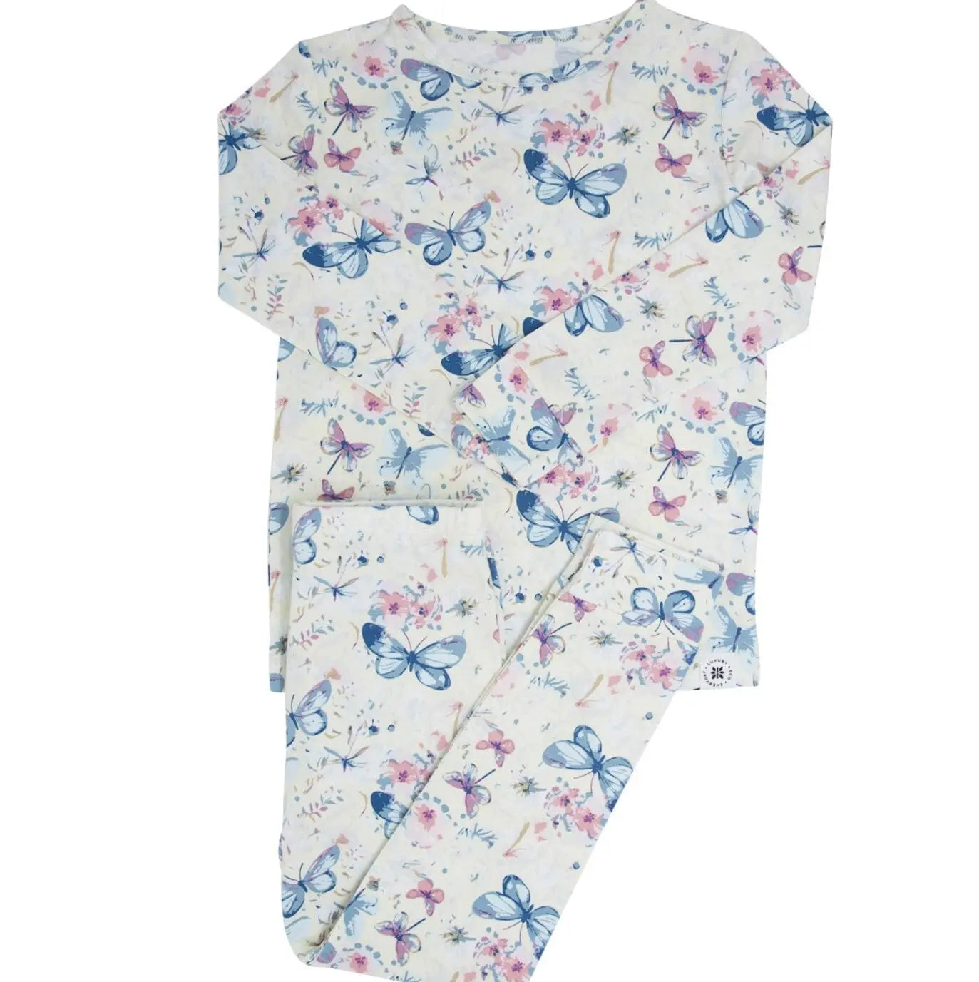 Watercolor Butterfly Kids Pajama Set Comfortable Long Sleeve Top and Cuffed Pants Sweet Bamboo
