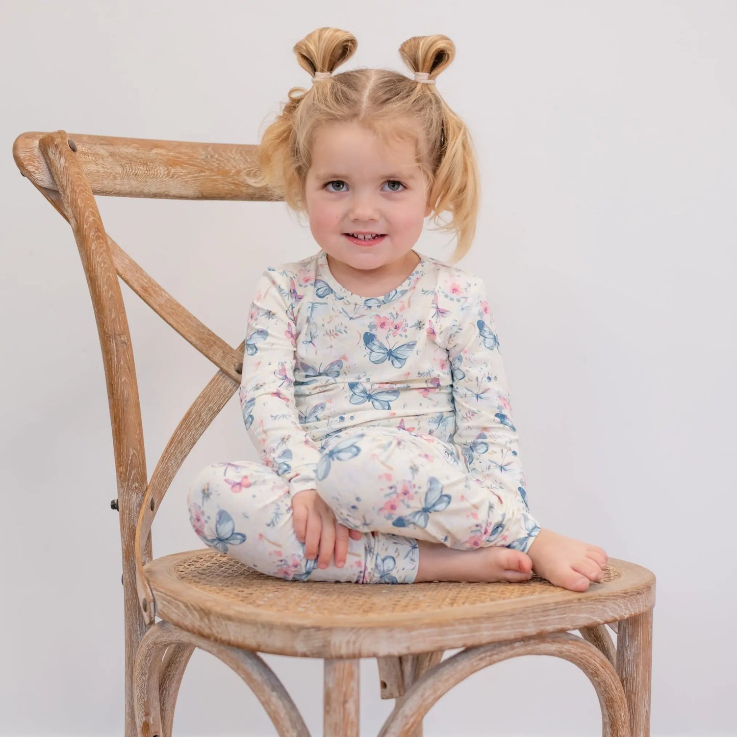 Watercolor Butterfly Kids Pajama Set Comfortable Long Sleeve Top and Cuffed Pants Sweet Bamboo