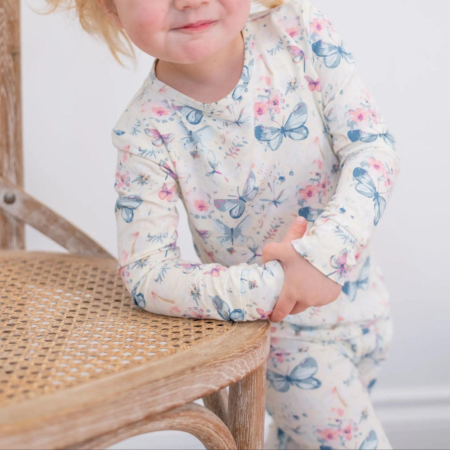 Watercolor Butterfly Kids Pajama Set Comfortable Long Sleeve Top and Cuffed Pants Sweet Bamboo