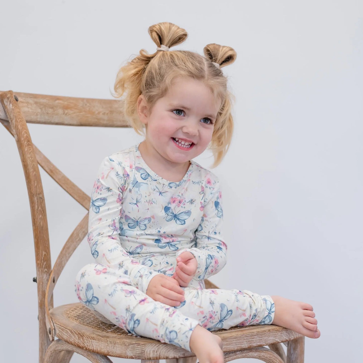 Watercolor Butterfly Kids Pajama Set Comfortable Long Sleeve Top and Cuffed Pants Sweet Bamboo