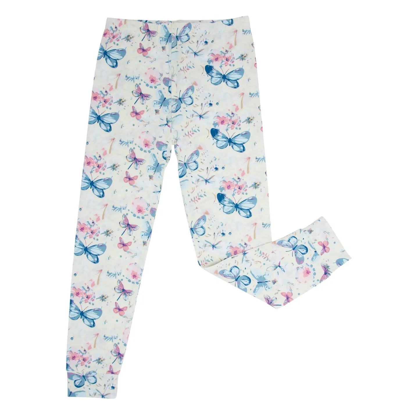 Watercolor Butterfly Kids Pajama Set Comfortable Long Sleeve Top and Cuffed Pants Sweet Bamboo