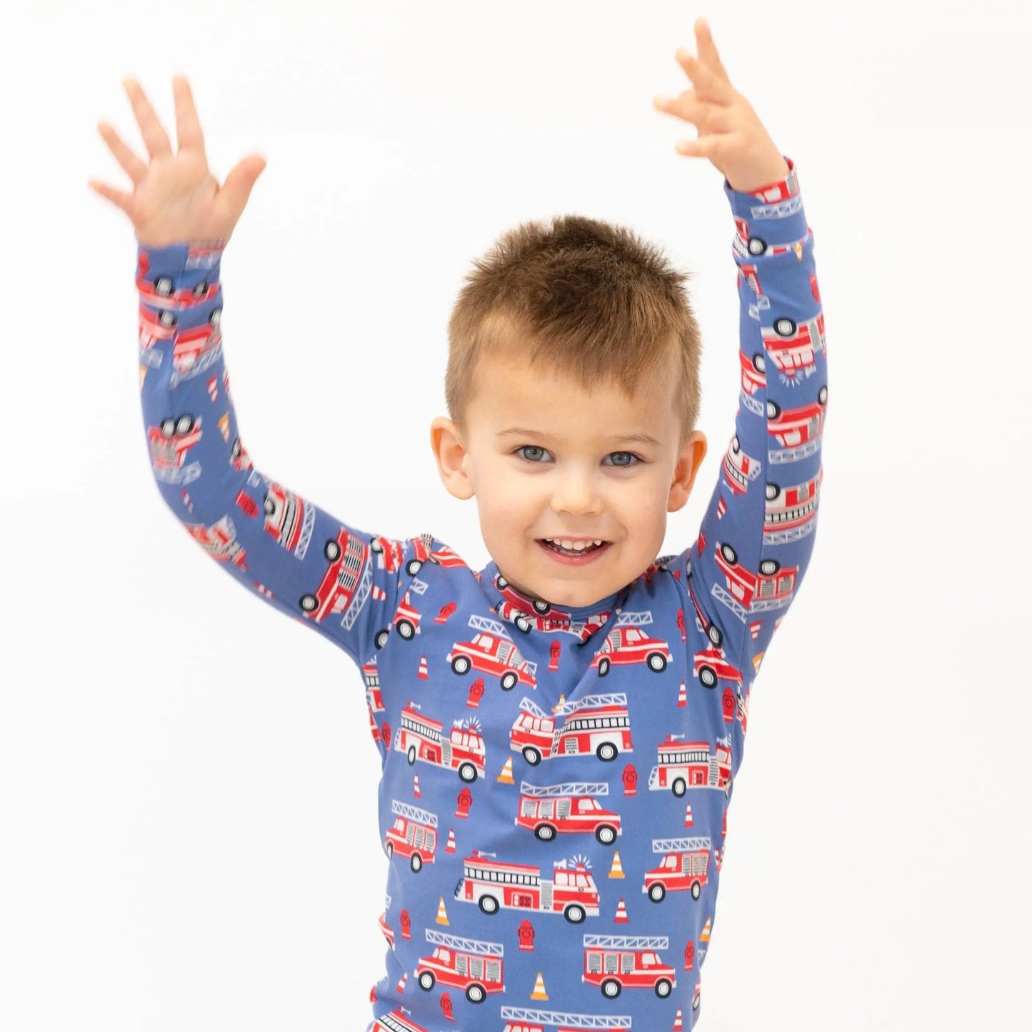Blue Fire Truck Big Kid Pajama Comfortable Long Sleeve Top and Long Pant Set Sweet Bamboo
