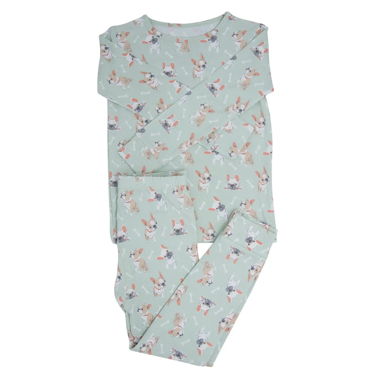 Mint Frenchie Puppy Big Kid Pajama Set for Comfortable Bedtime Wear Sweet Bamboo