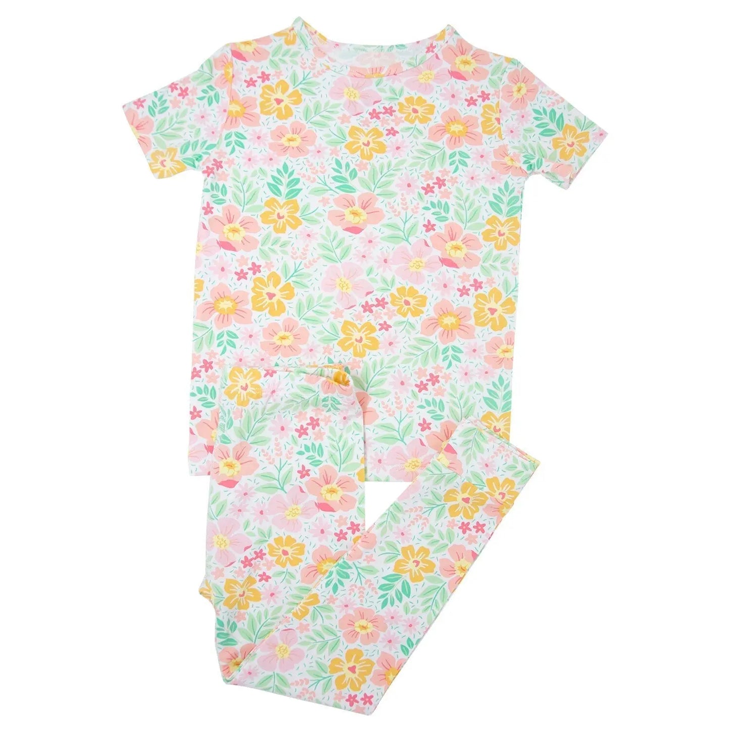 Big Kid Short Sleeve Pajama Set All Season Comfortable Cuffed Pants for Kids Sweet Bamboo