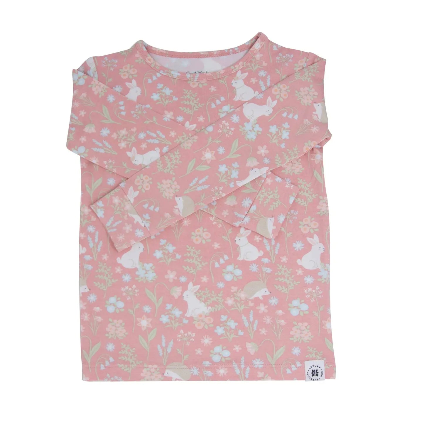 Pink Bunny Floral Big Kid Pajama Set for Comfortable Bedtime Wear Sweet Bamboo