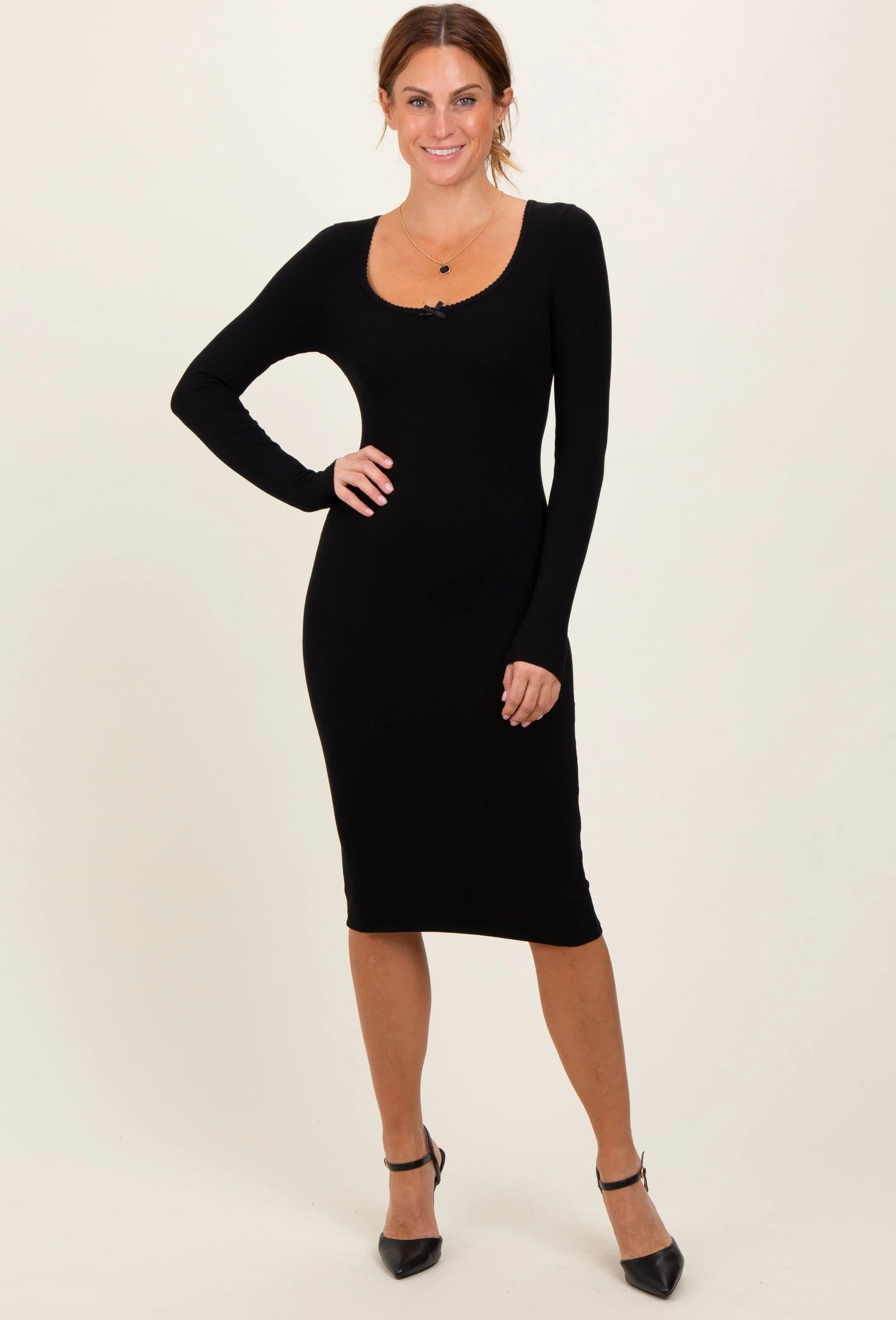 Black Bow Trim Neckline Long Sleeve Maternity Midi Dress PinkBlush