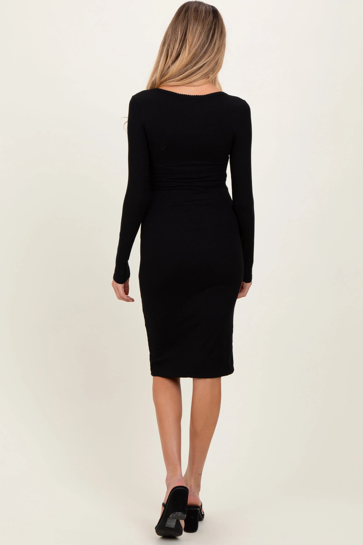 Black Bow Trim Neckline Long Sleeve Maternity Midi Dress PinkBlush
