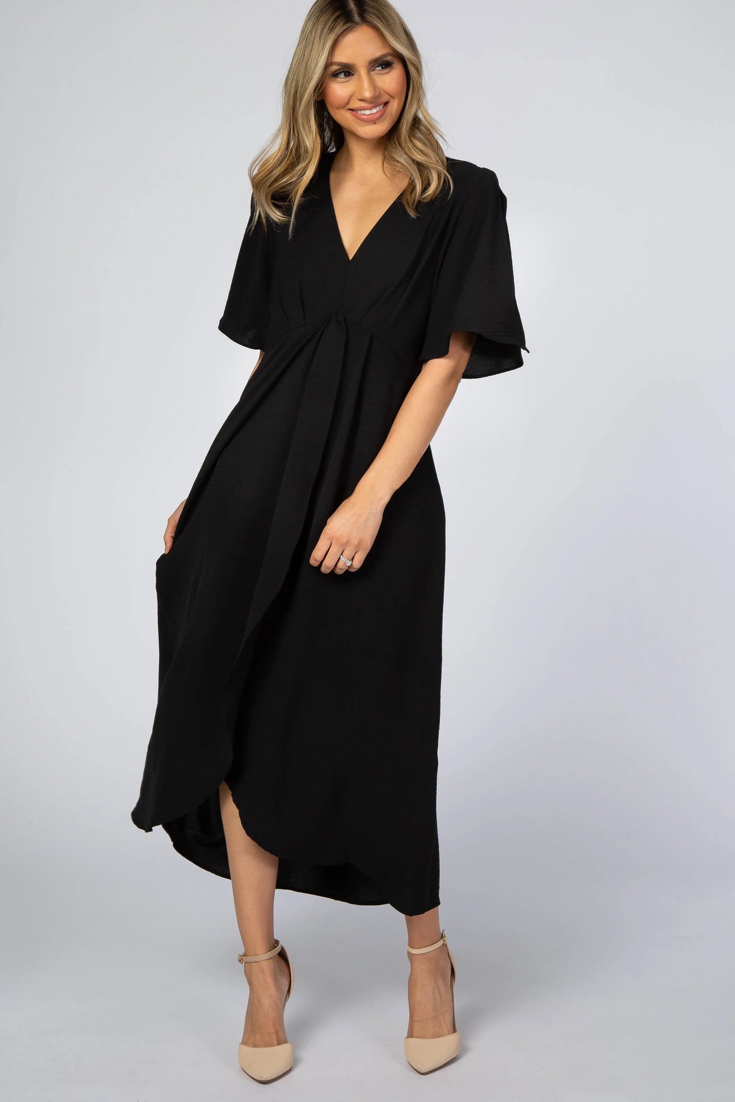 Black Open Sleeve Wrap Midi Dress - Everetts Place: Online Boutique - Apparel & Accessories > Clothing > Dresses
