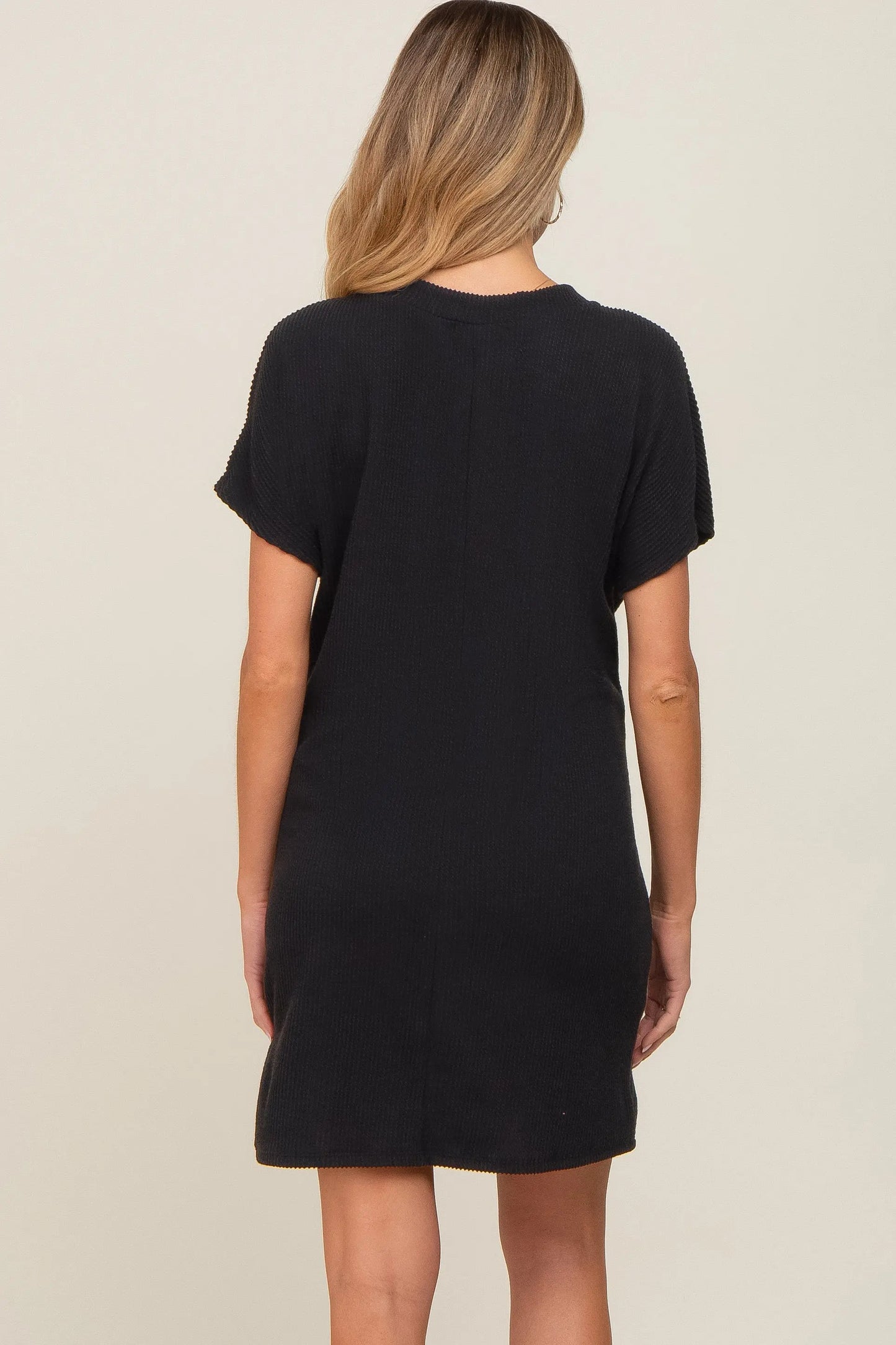 Black Ribbed Front Pocket Dolman Short Sleeve Maternity Dress PinkBlush