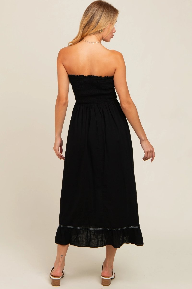 Black Smocked Strapless Midi Dress for Elegant Occasions.
