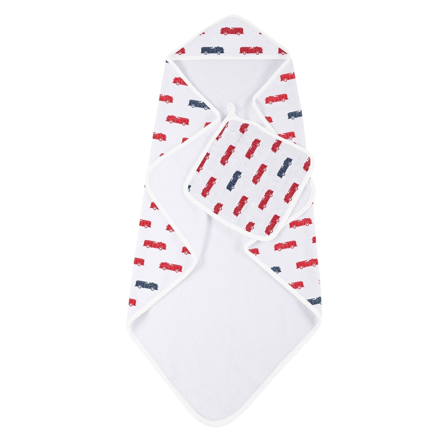 Blue And Red Fire Trucks Hooded Towel And Washcloth Set For Kids Newcastle Classics
