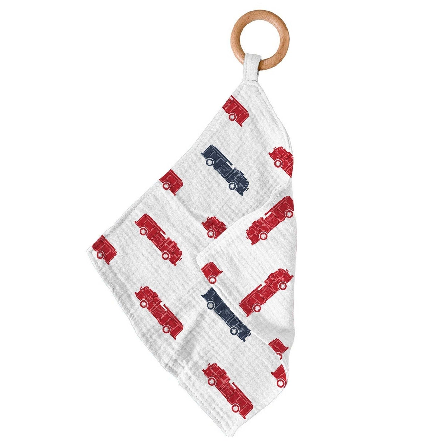 Blue and Red Fire Trucks Newcastle Teether with Removable Beach Wood Ring Newcastle Classics