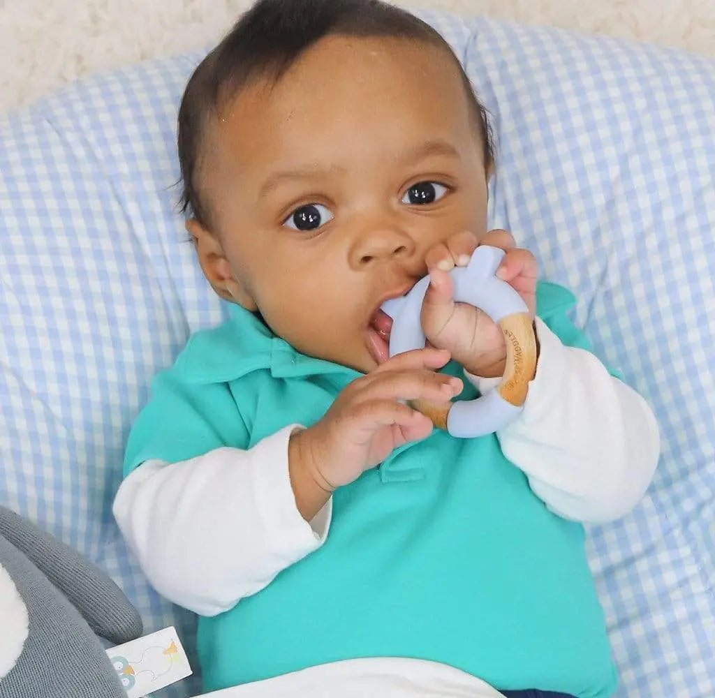 Blue Bear Circle Bear Head Teether Silicone and Wood Teether.