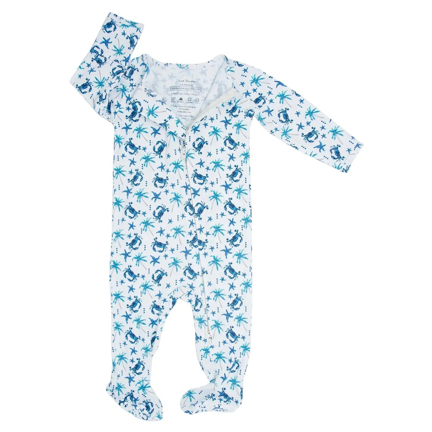 Blue Crabs Zipper Footie With 2 Way Zip And Silicone Grips Sweet Bamboo