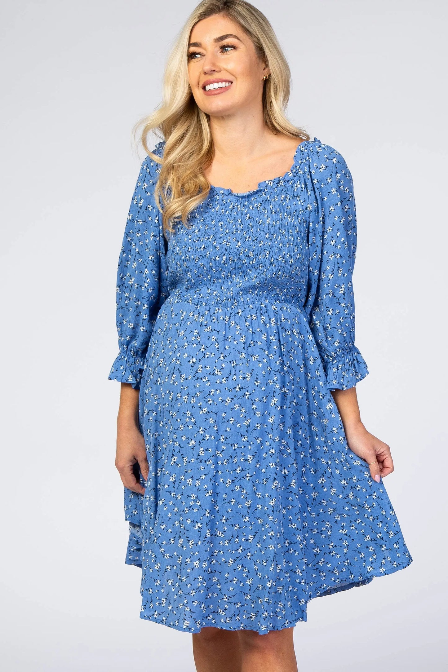 Blue Floral Smocked Maternity Dress with Stretchy Ruffle Neckline and Puff Sleeves PinkBlush