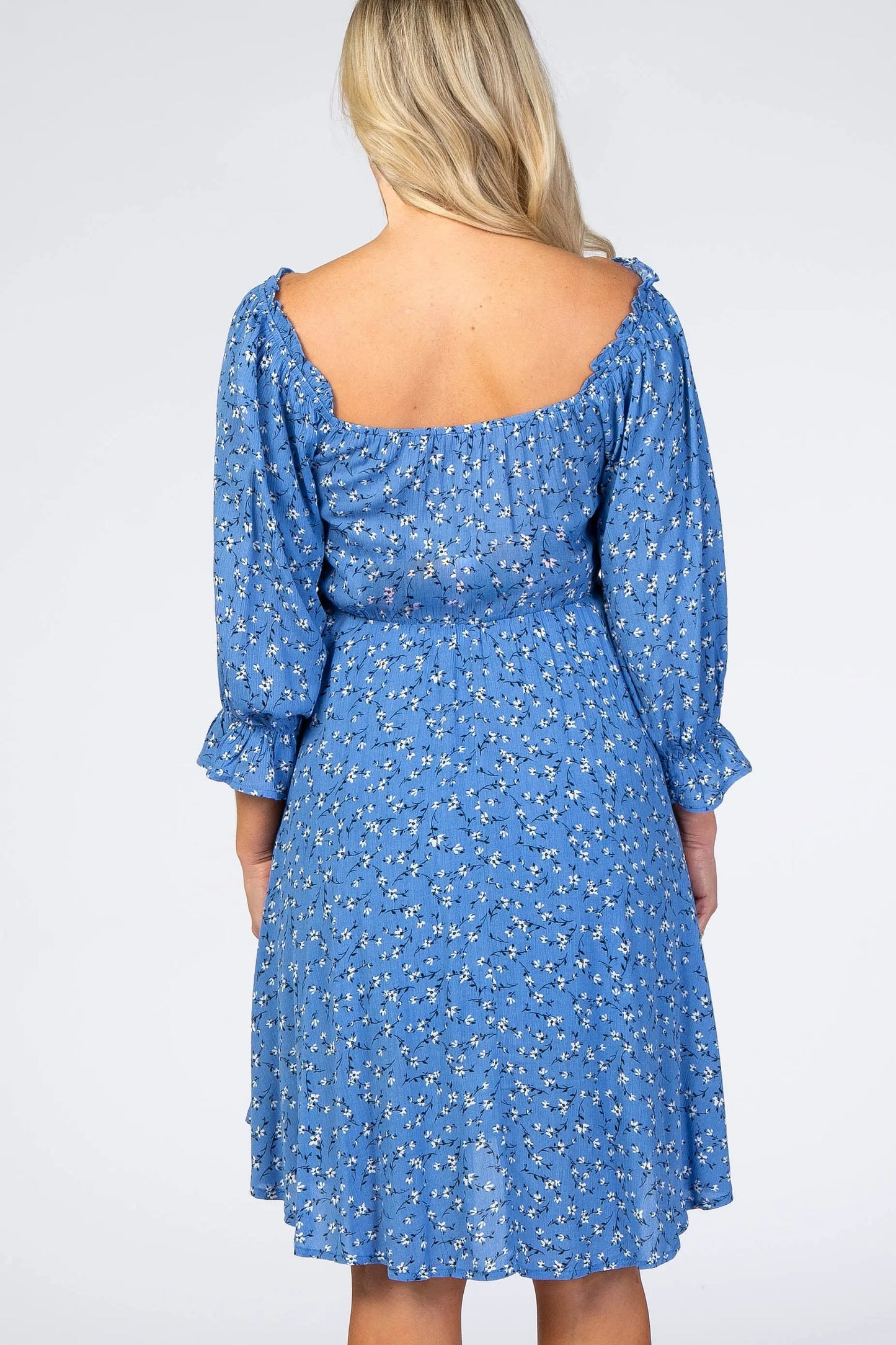 Blue Floral Smocked Maternity Dress with Stretchy Ruffle Neckline and Puff Sleeves PinkBlush