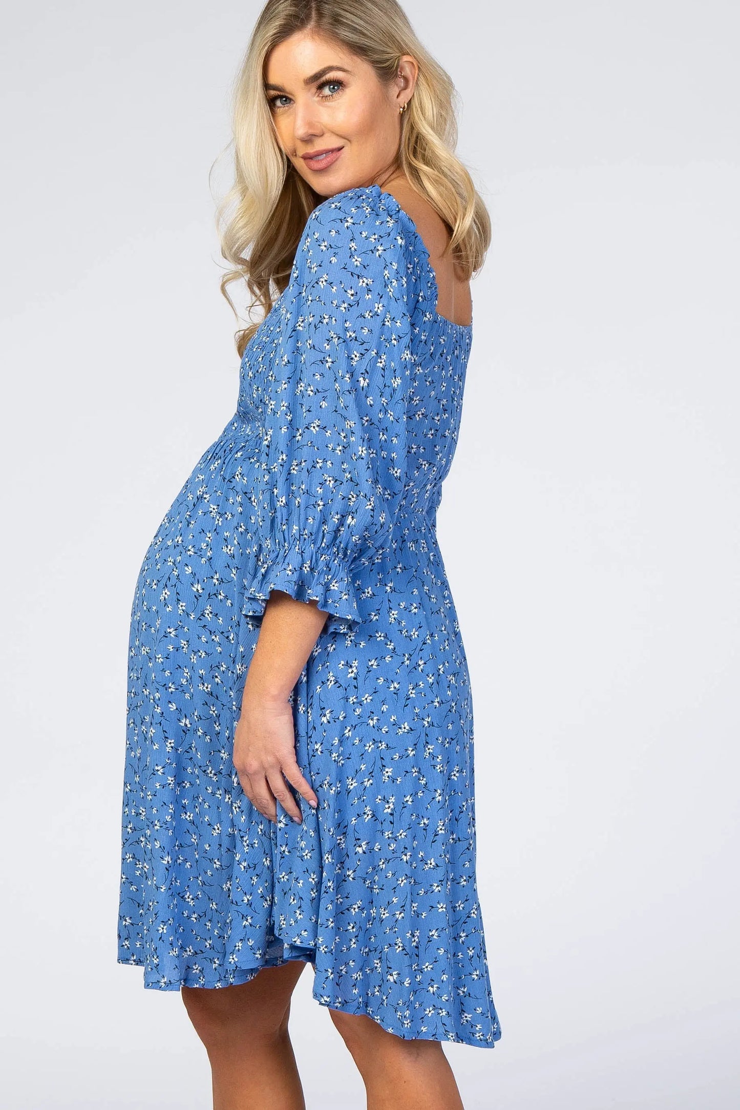 Blue Floral Smocked Maternity Dress with Stretchy Ruffle Neckline and Puff Sleeves PinkBlush