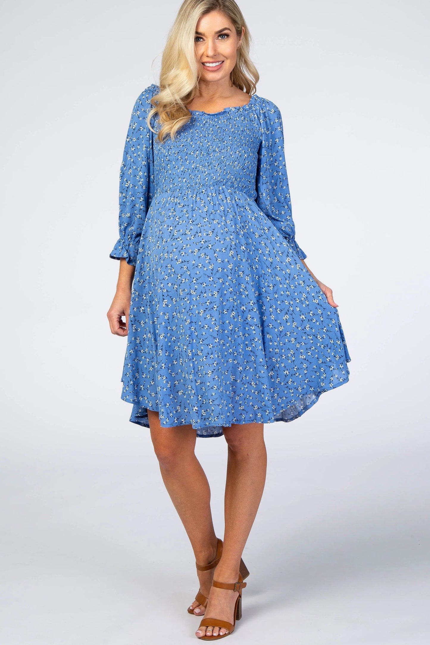 Blue Floral Smocked Maternity Dress with Stretchy Ruffle Neckline and Puff Sleeves PinkBlush