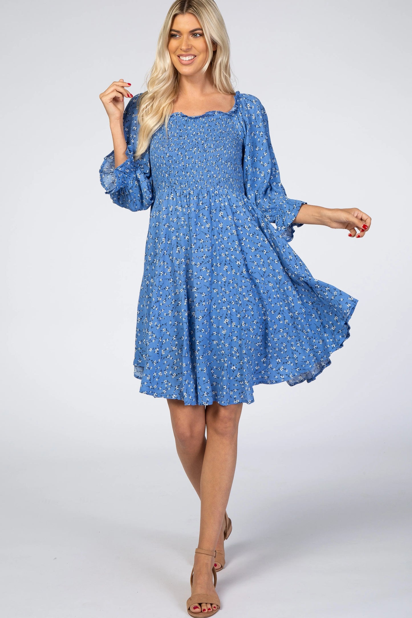 Blue Floral Smocked Maternity Dress with Stretchy Ruffle Neckline and Puff Sleeves PinkBlush