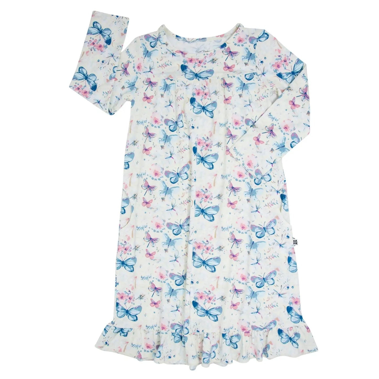 Watercolor Butterfly Boho Dress For Girls With Ruffles Long Sleeves And Pockets Sweet Bamboo