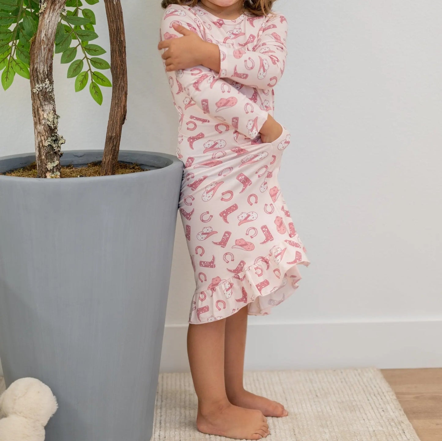 Pink Western Boots Pocket Dress for Little Girls with Ruffles and Long Sleeves Sweet Bamboo